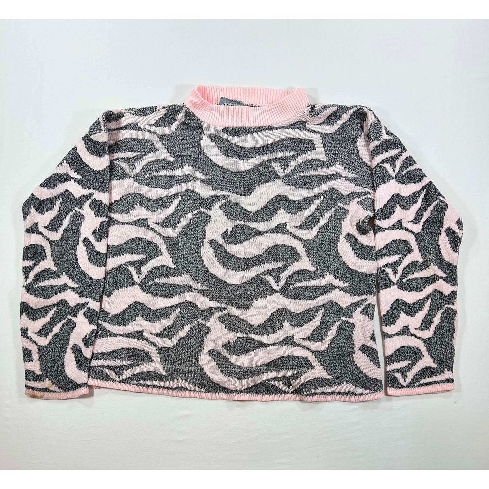 Vintage Adele Knitwear Pink Grey Animal Print Mock Neck Sweater Made in USA